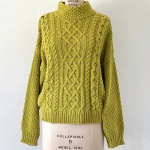 Vintage 525 chartreuse cotton sweater oversize high neck long sleeve cable knit